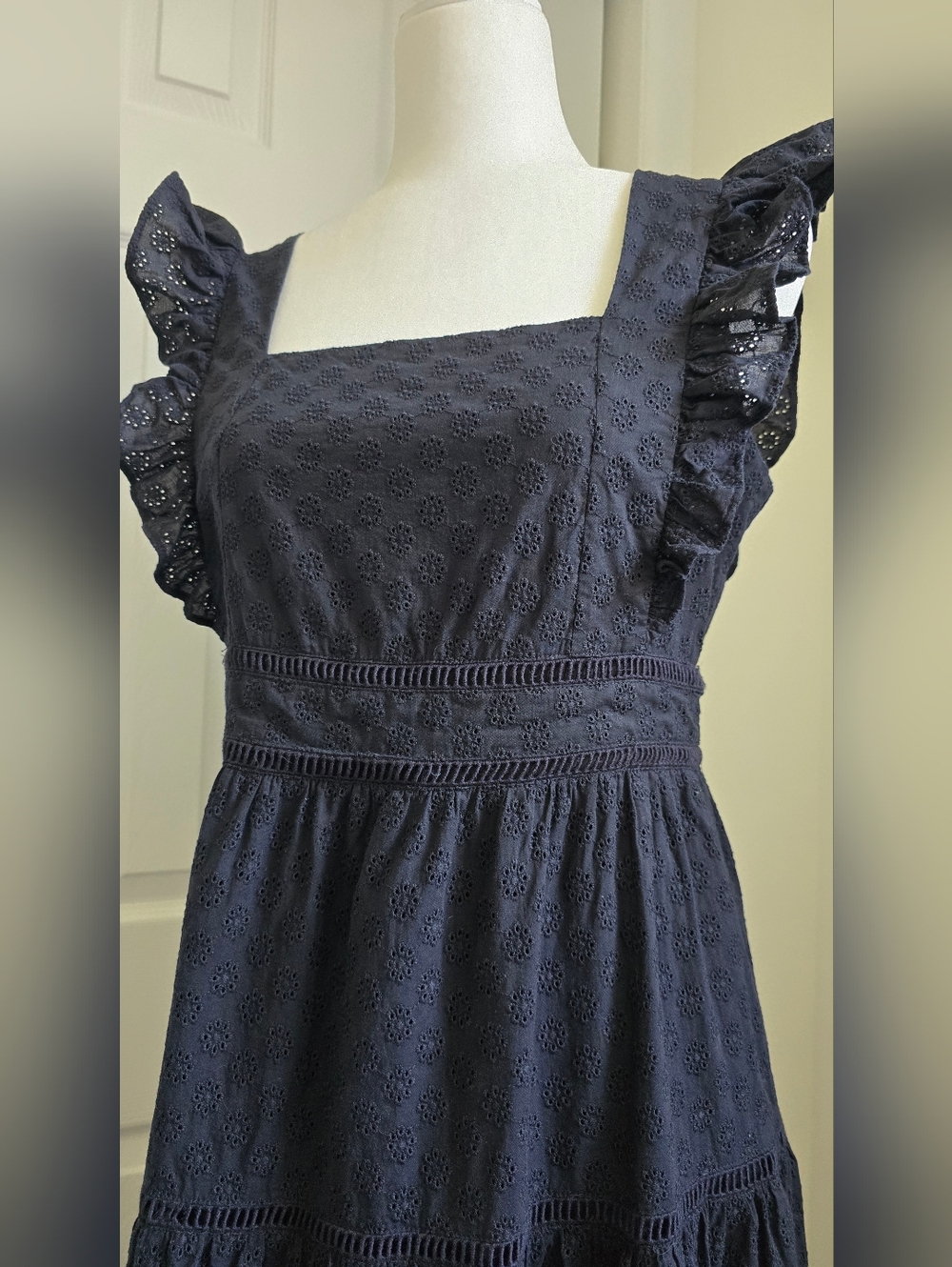 Ann Taylor Black Eyelet Maxi Dress with Ruffle Straps, Size 8 - Picture 3 of 10